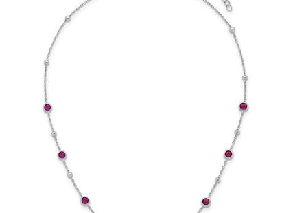 Sterling Silver Rhodium-plated Polished and Beaded Bezel-set Round Red CZ with Extension Necklace (Style QG7010-16)