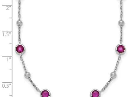 Sterling Silver Rhodium-plated Polished and Beaded Bezel-set Round Red CZ with Extension Necklace (Style QG7010-16)