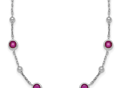 Sterling Silver Rhodium-plated Polished and Beaded Bezel-set Round Red CZ with Extension Necklace (Style QG7010-16)