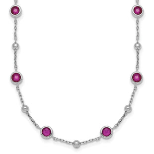 Sterling Silver Rhodium-plated Polished and Beaded Bezel-set Round Red CZ with Extension Necklace (Style QG7010-16)