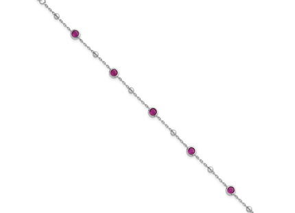 Sterling Silver Rhodium-plated Polished and Beaded Bezel-set Round Red CZ with Extension Necklace