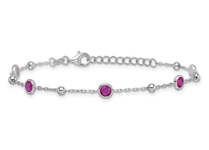 Sterling Silver Rhodium-plated Polished and Beaded Bezel-set Round Red CZ with Extension Necklace
