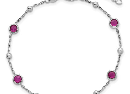 Sterling Silver Rhodium-plated Polished and Beaded Bezel-set Round Red CZ with Extension Necklace