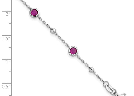 Sterling Silver Rhodium-plated Polished and Beaded Bezel-set Round Red CZ with Extension Necklace