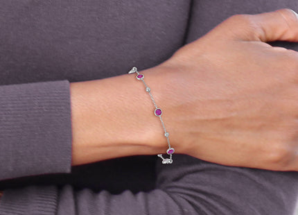 Sterling Silver Rhodium-plated Polished and Beaded Bezel-set Round Red CZ with Extension Bracelet
