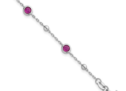 Sterling Silver Rhodium-plated Polished and Beaded Bezel-set Round Red CZ with Extension Necklace