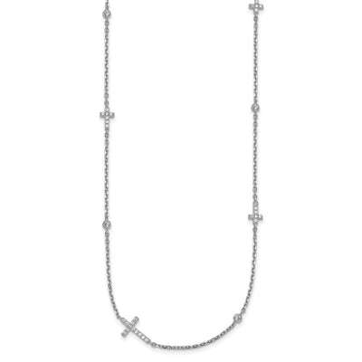Sterling Silver Rhodium-plated Polished Three CZ Crosses and 3 Round CZ Stations with Extender Necklace