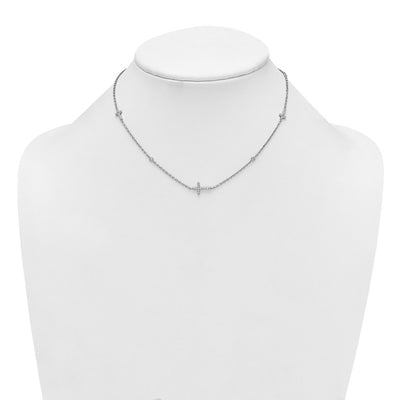 Sterling Silver Rhodium-plated Polished Three CZ Crosses and 3 Round CZ Stations with Extender Necklace