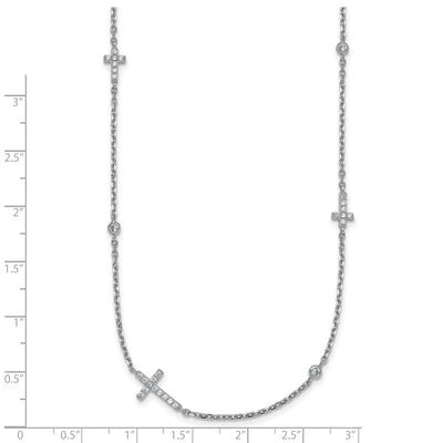 Sterling Silver Rhodium-plated Polished Three CZ Crosses and 3 Round CZ Stations with Extender Necklace