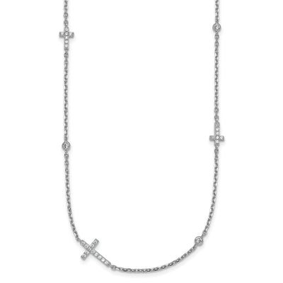 Sterling Silver Rhodium-plated Polished Three CZ Crosses and 3 Round CZ Stations with Extender Necklace
