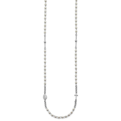 Sterling Silver Rhodium-plated Plastic Imitation Pearl with extender Rosary Themed Necklace