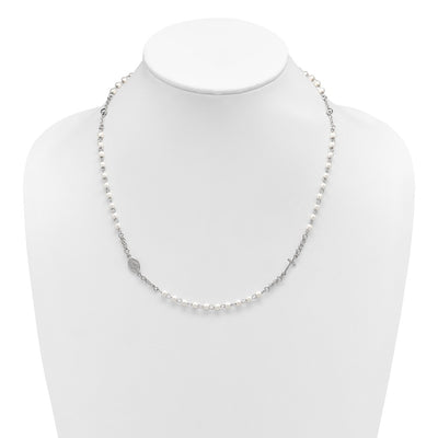 Sterling Silver Rhodium-plated Plastic Imitation Pearl with extender Rosary Themed Necklace