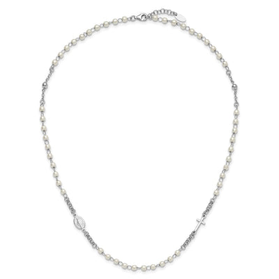 Sterling Silver Rhodium-plated Plastic Imitation Pearl with extender Rosary Themed Necklace