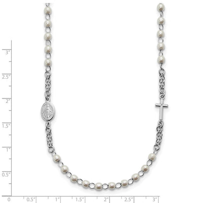 Sterling Silver Rhodium-plated Plastic Imitation Pearl with extender Rosary Themed Necklace
