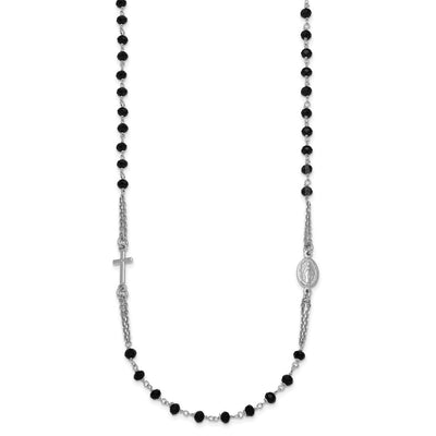 Sterling Silver Rhodium-plated Black Crystal with extender Rosary Themed Necklace