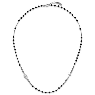 Sterling Silver Rhodium-plated Black Crystal with extender Rosary Themed Necklace