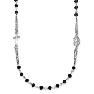 Sterling Silver Rhodium-plated Black Crystal with extender Rosary Themed Necklace
