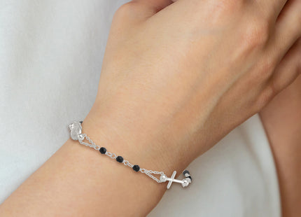 Sterling Silver Polished Beaded Black Glass 6. with Extension Rosary-Design Bracelet