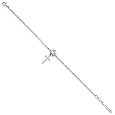 Sterling Silver Rhodium-plated Polished Cross Dangle Paperclip Link with Extension Bracelet