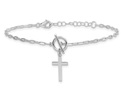 Sterling Silver Rhodium-plated Polished Cross Dangle Paperclip Link 6. with Extension Necklace