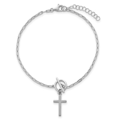 Sterling Silver Rhodium-plated Polished Cross Dangle Paperclip Link with Extension Bracelet