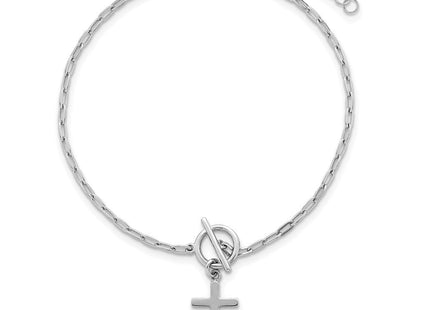Sterling Silver Rhodium-plated Polished Cross Dangle Paperclip Link 6. with Extension Necklace
