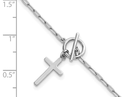 Sterling Silver Rhodium-plated Polished Cross Dangle Paperclip Link 6. with Extension Necklace