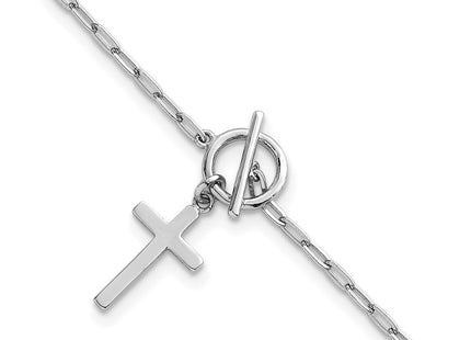 Sterling Silver Rhodium-plated Polished Cross Dangle Paperclip Link 6. with Extension Necklace