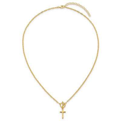 Sterling Silver Gold-tone Polished Cross Dangle Paperclip Link with Extension Necklace
