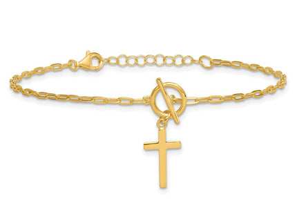 Sterling Silver Gold-tone Polished Cross Dangle Paperclip Link 6. with Extension Necklace