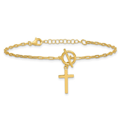 Sterling Silver Gold-tone Polished Cross Dangle Paperclip Link with Extension Necklace