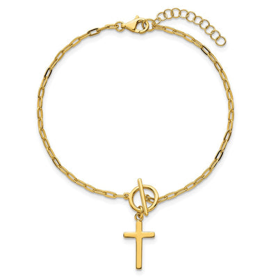 Sterling Silver Gold-tone Polished Cross Dangle Paperclip Link with Extension Necklace
