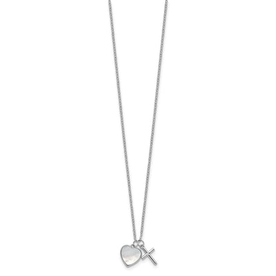 Sterling Silver Rhodium-plated Polished Mother of Pearl Heart and CZ Cross with Extension Children's Necklace