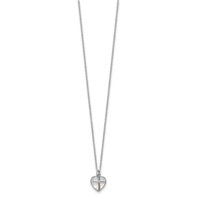 Sterling Silver Rhodium-plated Polished Mother of Pearl Heart and CZ Cross with Extension Children's Necklace