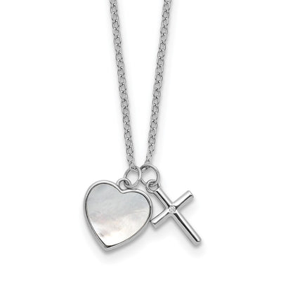 Sterling Silver Rhodium-plated Polished Mother of Pearl Heart and CZ Cross with Extension Children's Necklace