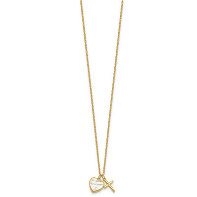 Sterling Silver Gold-tone Polished Mother of Pearl Heart and CZ Cross with Extension Children's Necklace