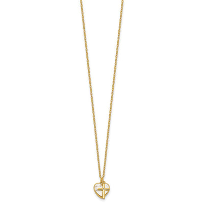 Sterling Silver Gold-tone Polished Mother of Pearl Heart and CZ Cross with Extension Children's Necklace
