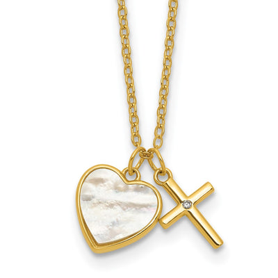 Sterling Silver Gold-tone Polished Mother of Pearl Heart and CZ Cross with Extension Children's Necklace