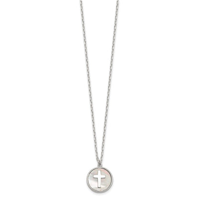 Sterling Silver Polished Mother Of Pearl Circle with Cross Necklace