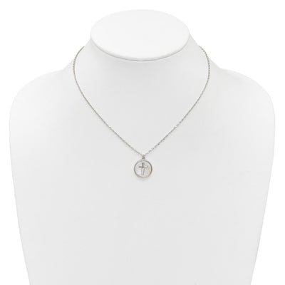 Sterling Silver Polished Mother Of Pearl Circle with Cross Necklace