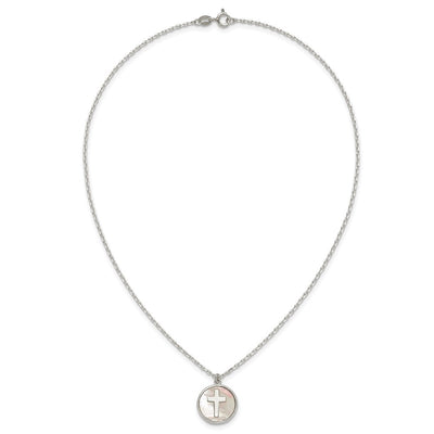Sterling Silver Polished Mother Of Pearl Circle with Cross Necklace
