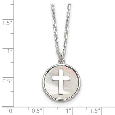 Sterling Silver Polished Mother Of Pearl Circle with Cross Necklace