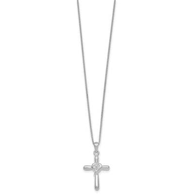 Sterling Silver Rhodium-plated Polished CZ Heart Cross with Extender Necklace