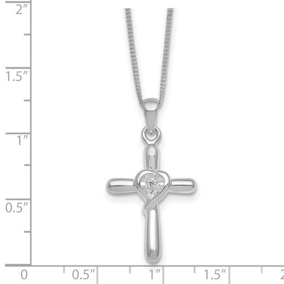 Sterling Silver Rhodium-plated Polished CZ Heart Cross with Extender Necklace