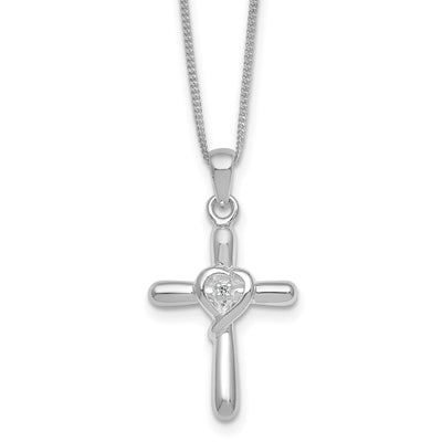 Sterling Silver Rhodium-plated Polished CZ Heart Cross with Extender Necklace