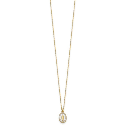 Sterling Silver Gold-plated CZ and White Enamel Miraculous Medal with extender Necklace