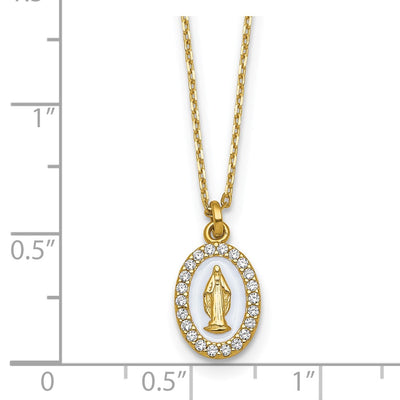Sterling Silver Gold-plated CZ and White Enamel Miraculous Medal with extender Necklace