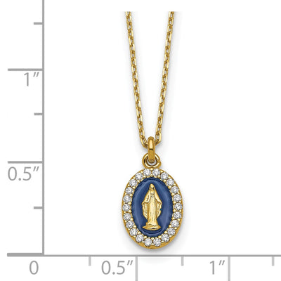 Sterling Silver Gold-plated CZ and Blue Enamel Miraculous Medal with extender Necklace
