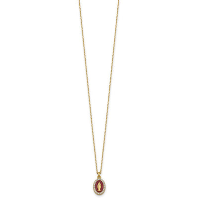 Sterling Silver Gold-plated CZ and Red Enamel Miraculous Medal with extender Necklace