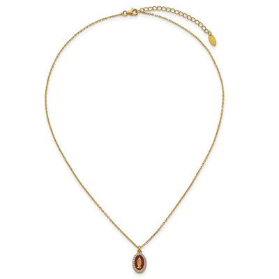 Sterling Silver Gold-plated CZ and Red Enamel Miraculous Medal with extender Necklace